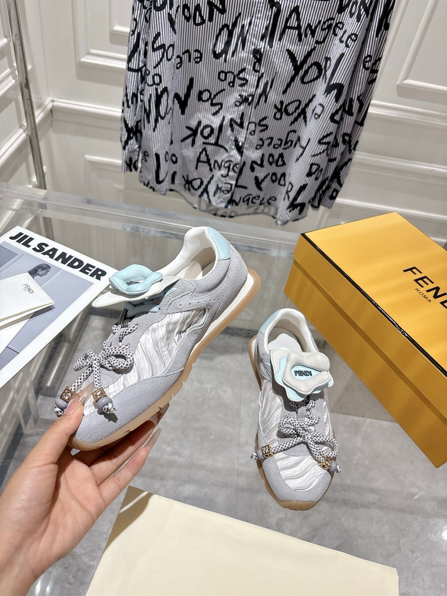 FENDI 26S SNEAKERS IN GREY FABRIC AND SUEDE
