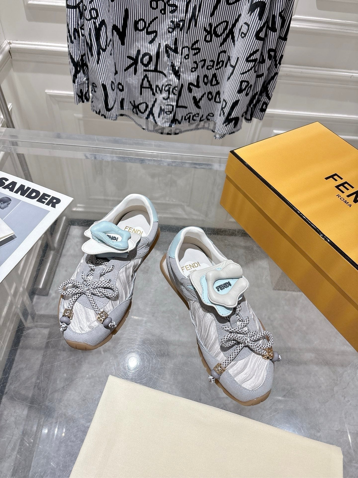 FENDI 26S SNEAKERS IN GREY FABRIC AND SUEDE