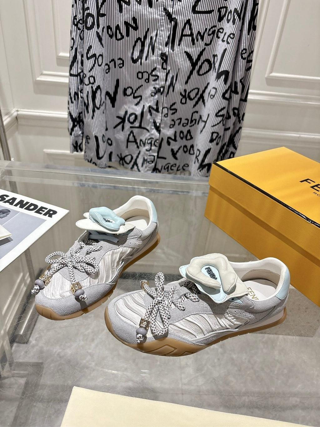 FENDI 26S SNEAKERS IN GREY FABRIC AND SUEDE