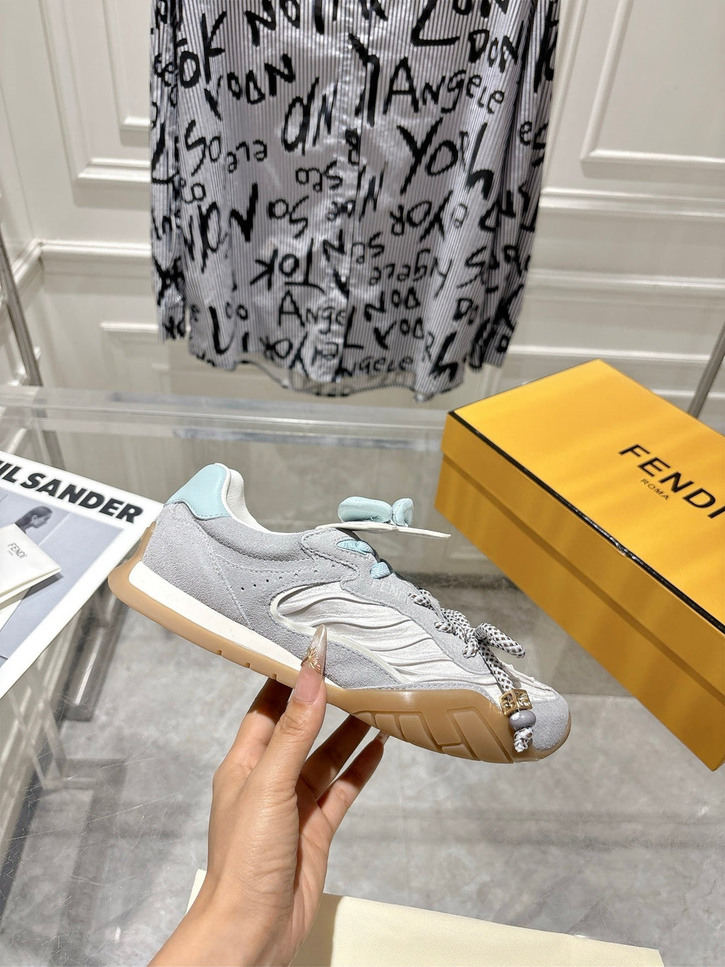 FENDI 26S SNEAKERS IN GREY FABRIC AND SUEDE