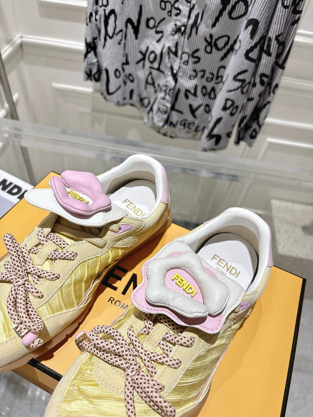 FENDI 26S SNEAKERS IN LIGHT YELLOW FABRIC AND SUEDE