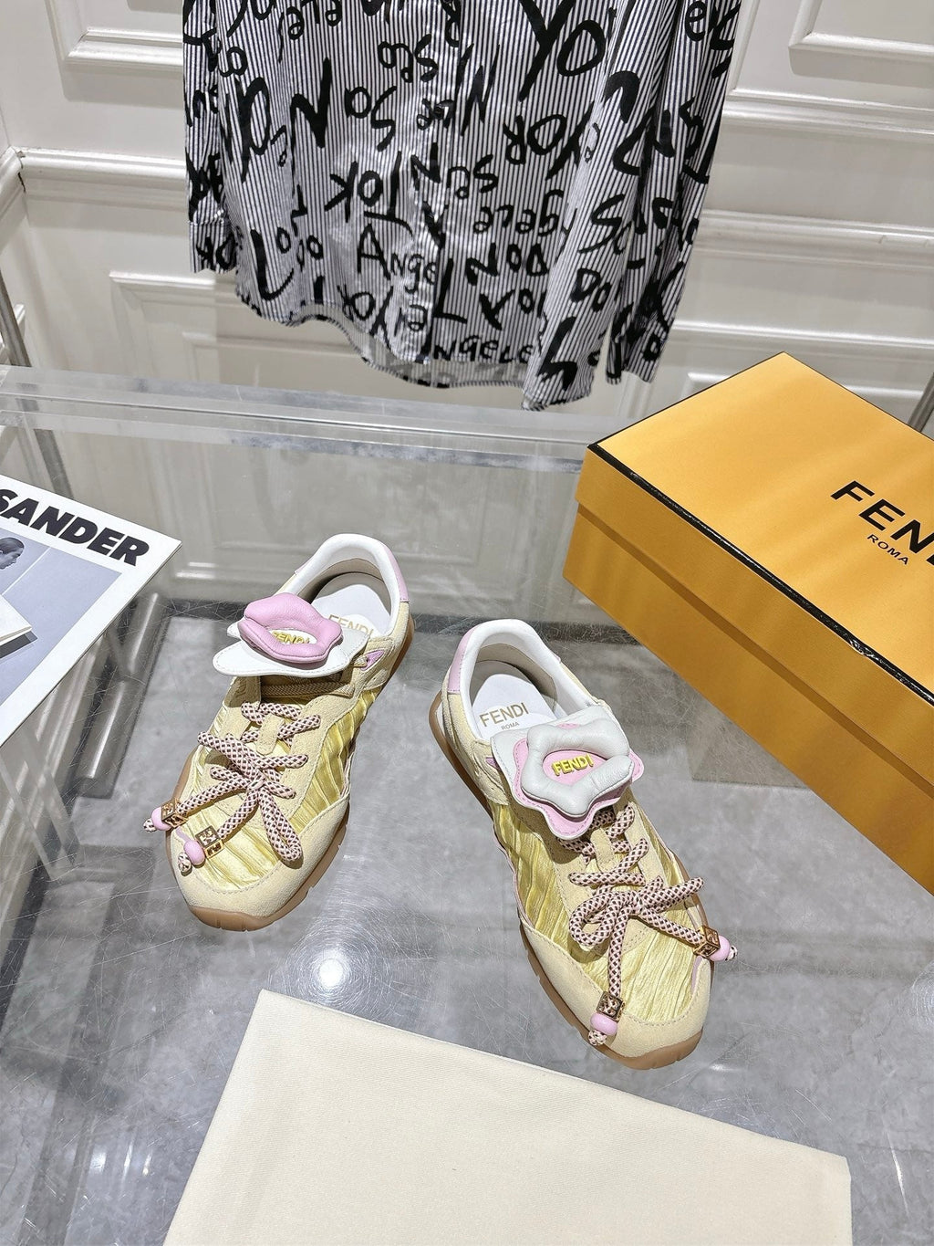 FENDI 26S SNEAKERS IN LIGHT YELLOW FABRIC AND SUEDE