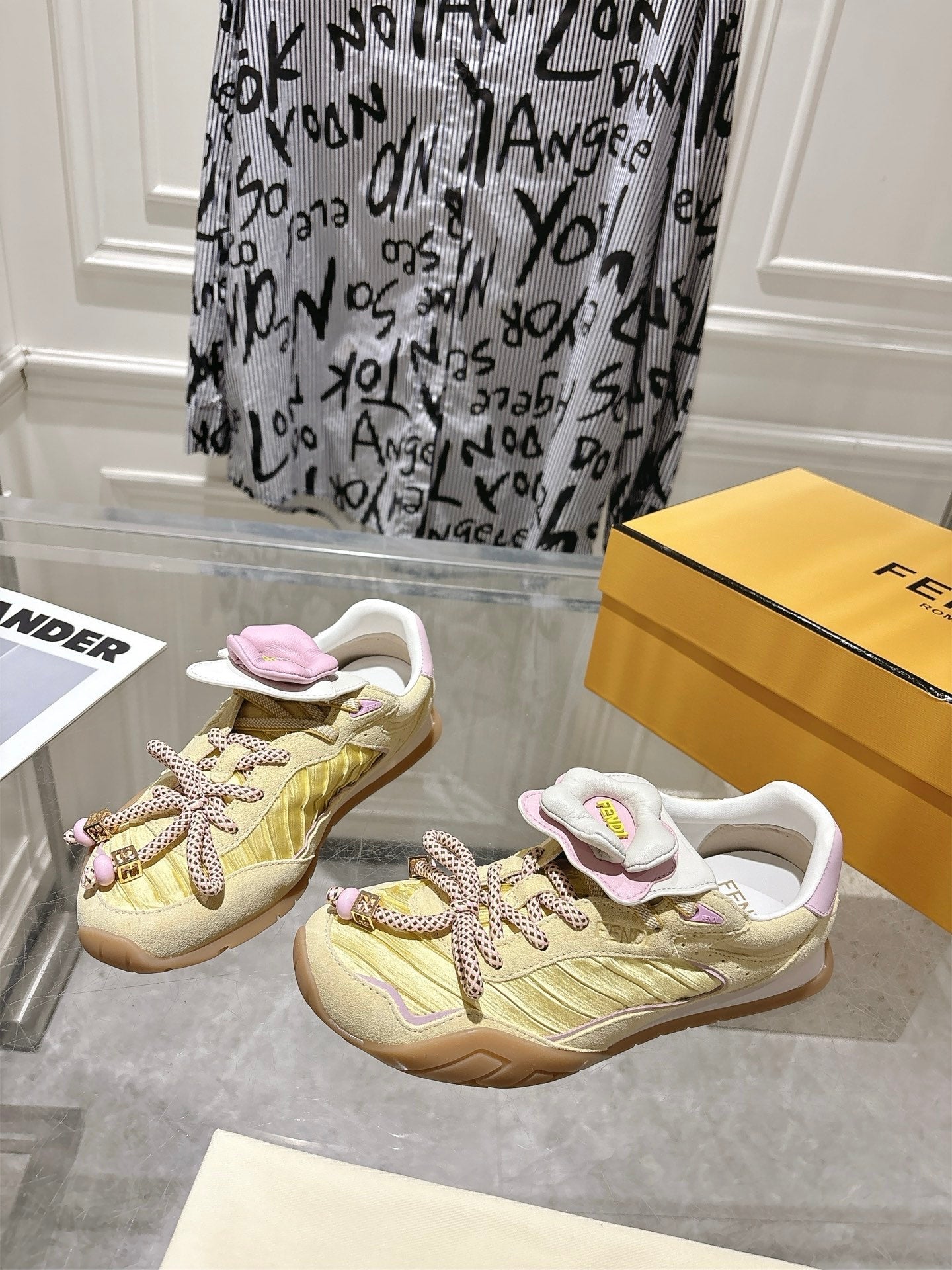 FENDI 26S SNEAKERS IN LIGHT YELLOW FABRIC AND SUEDE