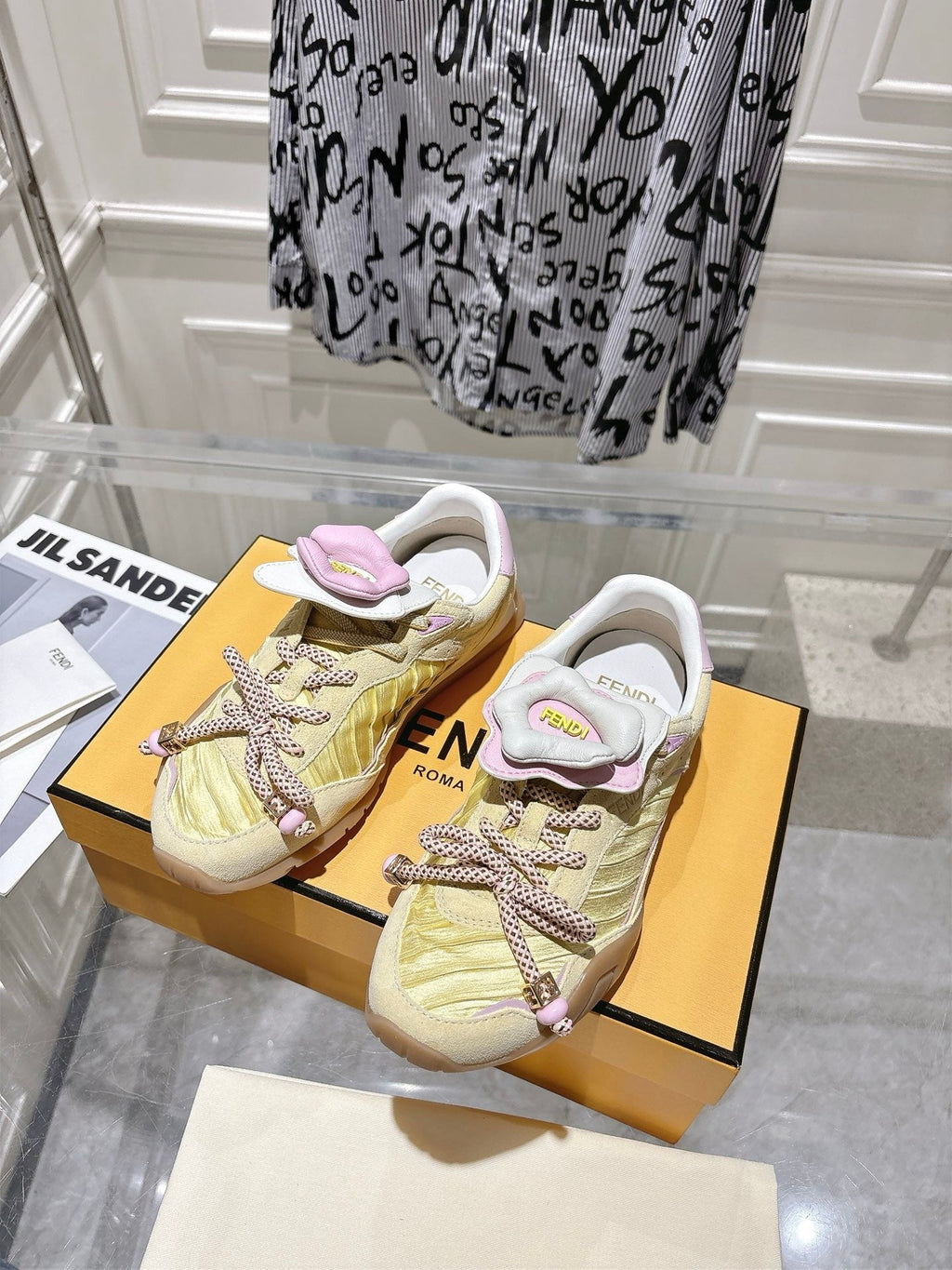 FENDI 26S SNEAKERS IN LIGHT YELLOW FABRIC AND SUEDE