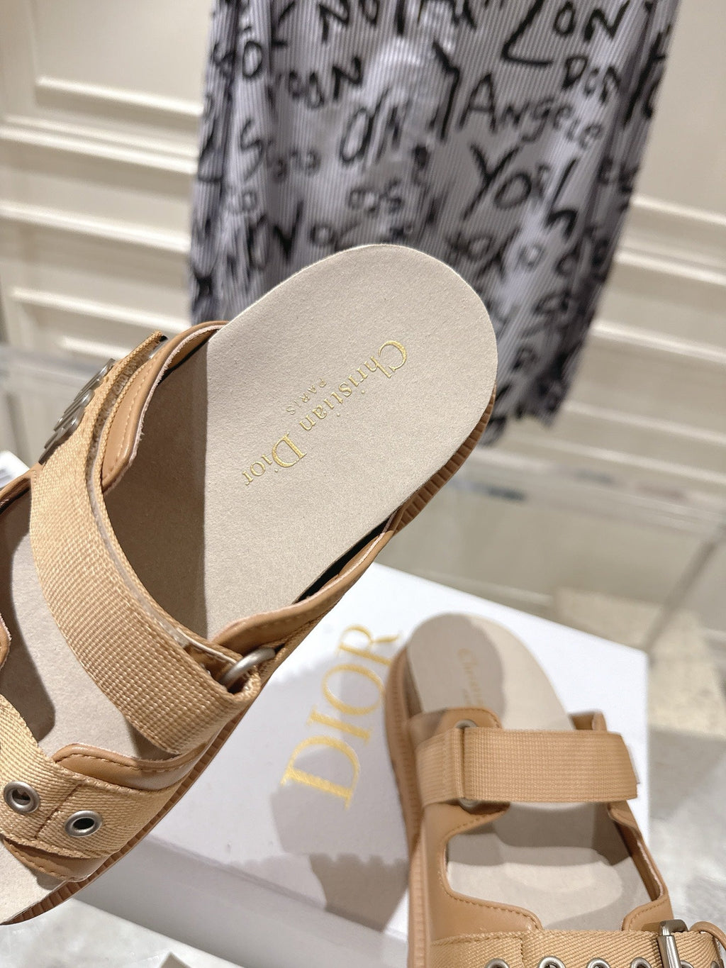 DIOR 26S SLIDES IN CAMEL BEIGE CANVAS