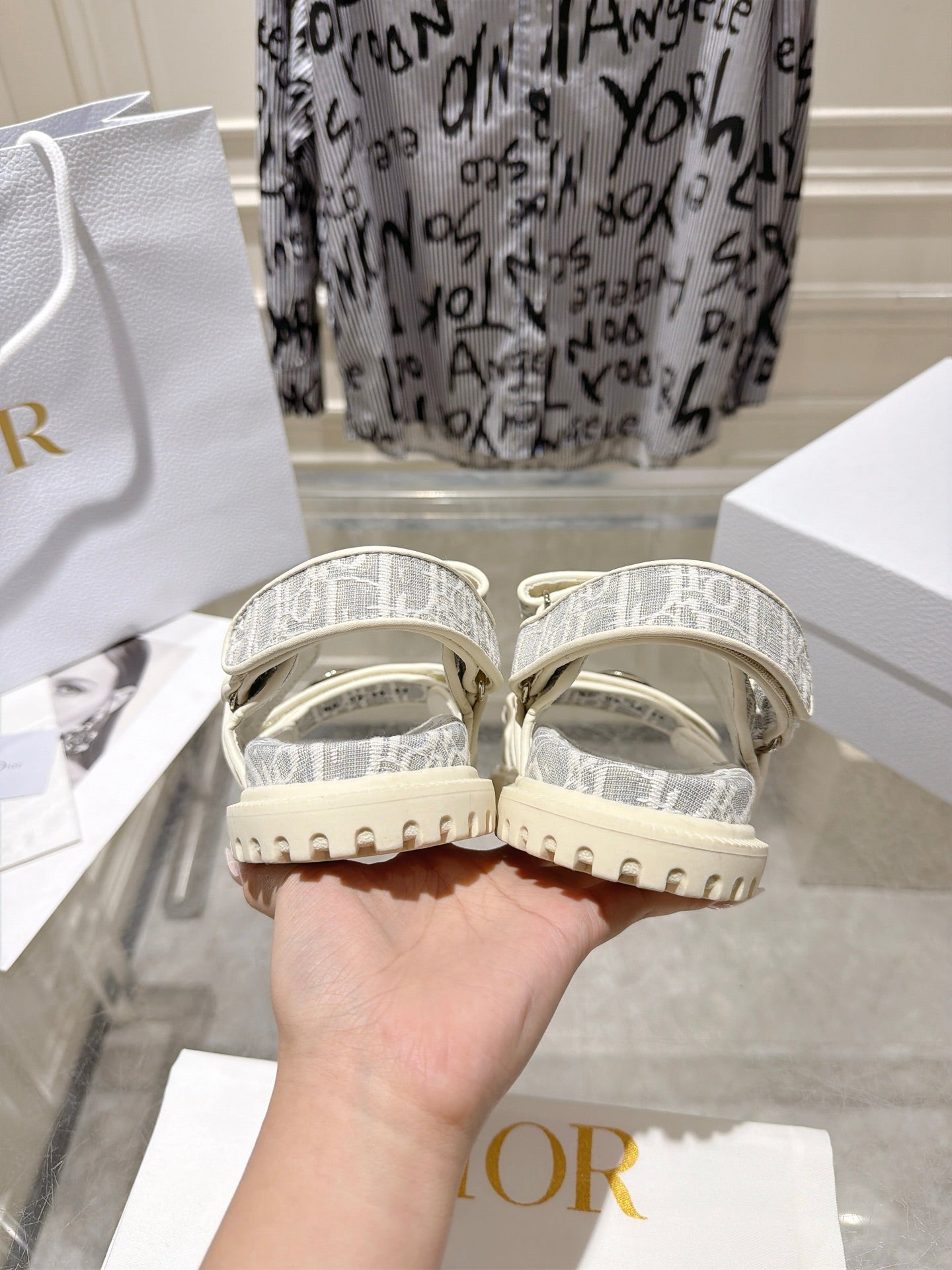 DIOR 26S VELCRO SANDALS IN LIGHT GREY MIX WHITE OBLIQUE CANVAS