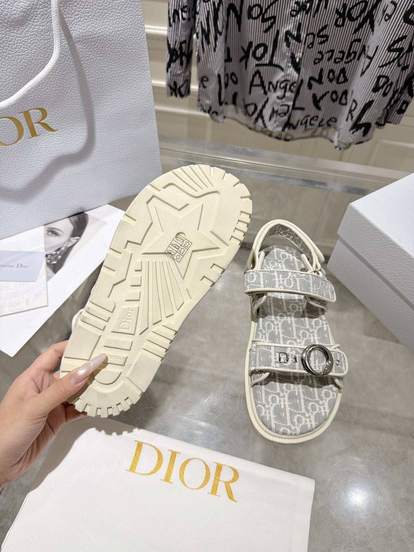 DIOR 26S VELCRO SANDALS IN LIGHT GREY MIX WHITE OBLIQUE CANVAS