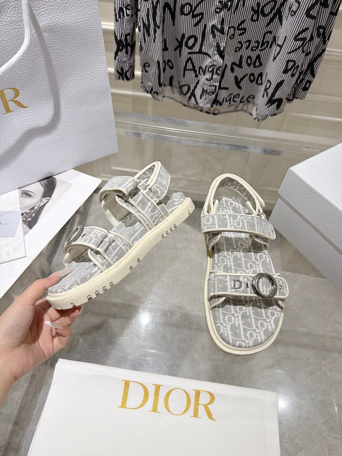 DIOR 26S VELCRO SANDALS IN LIGHT GREY MIX WHITE OBLIQUE CANVAS