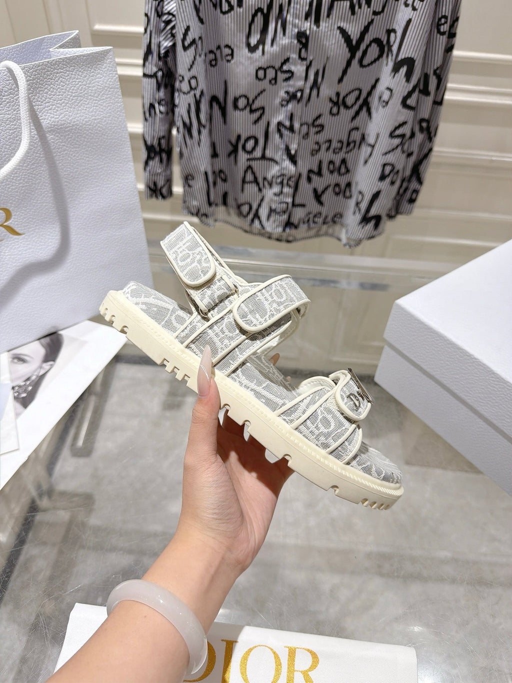 DIOR 26S VELCRO SANDALS IN LIGHT GREY MIX WHITE OBLIQUE CANVAS