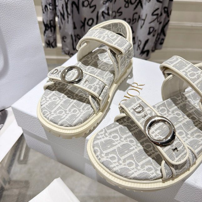 DIOR 26S VELCRO SANDALS IN LIGHT GREY MIX WHITE OBLIQUE CANVAS