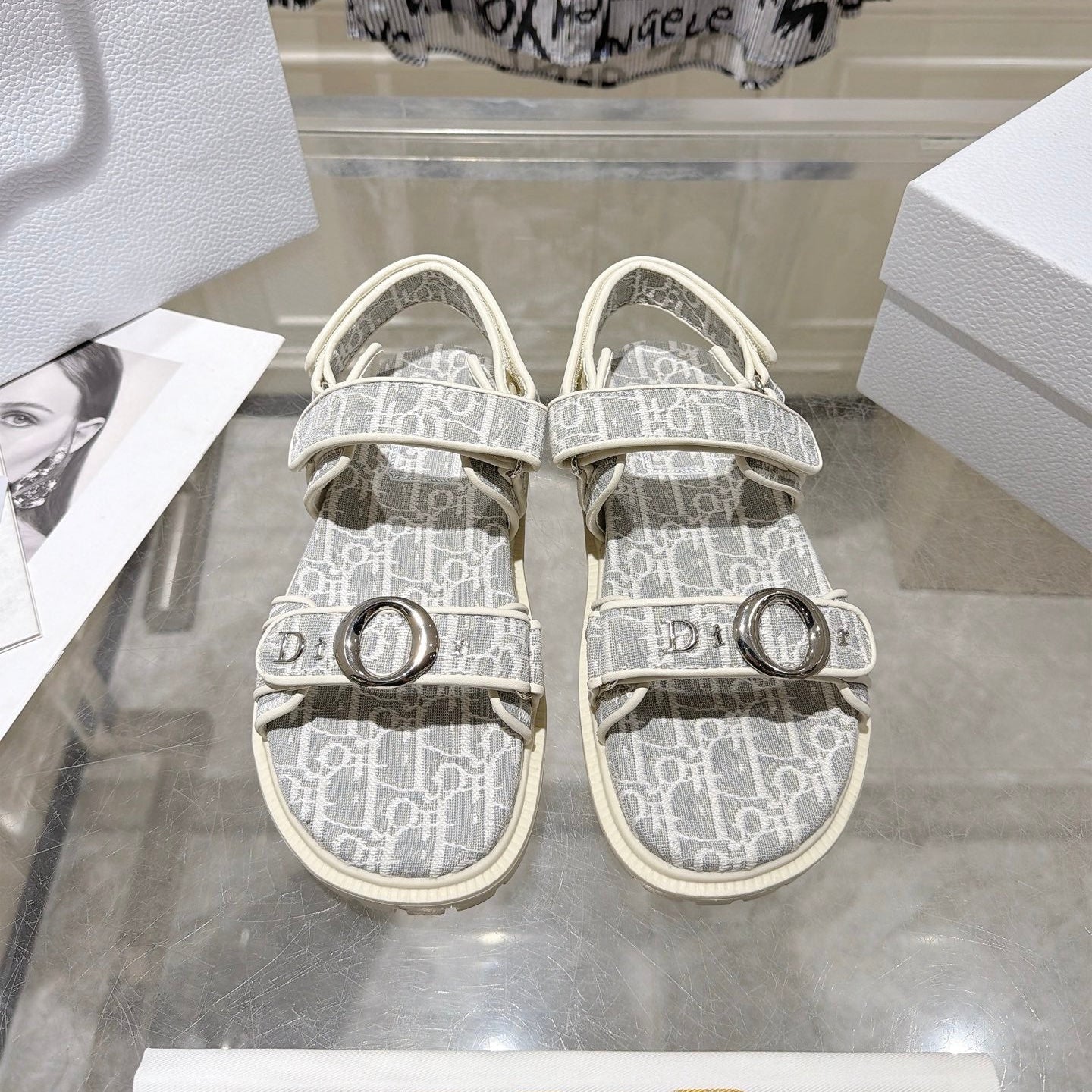 DIOR 26S VELCRO SANDALS IN LIGHT GREY MIX WHITE OBLIQUE CANVAS