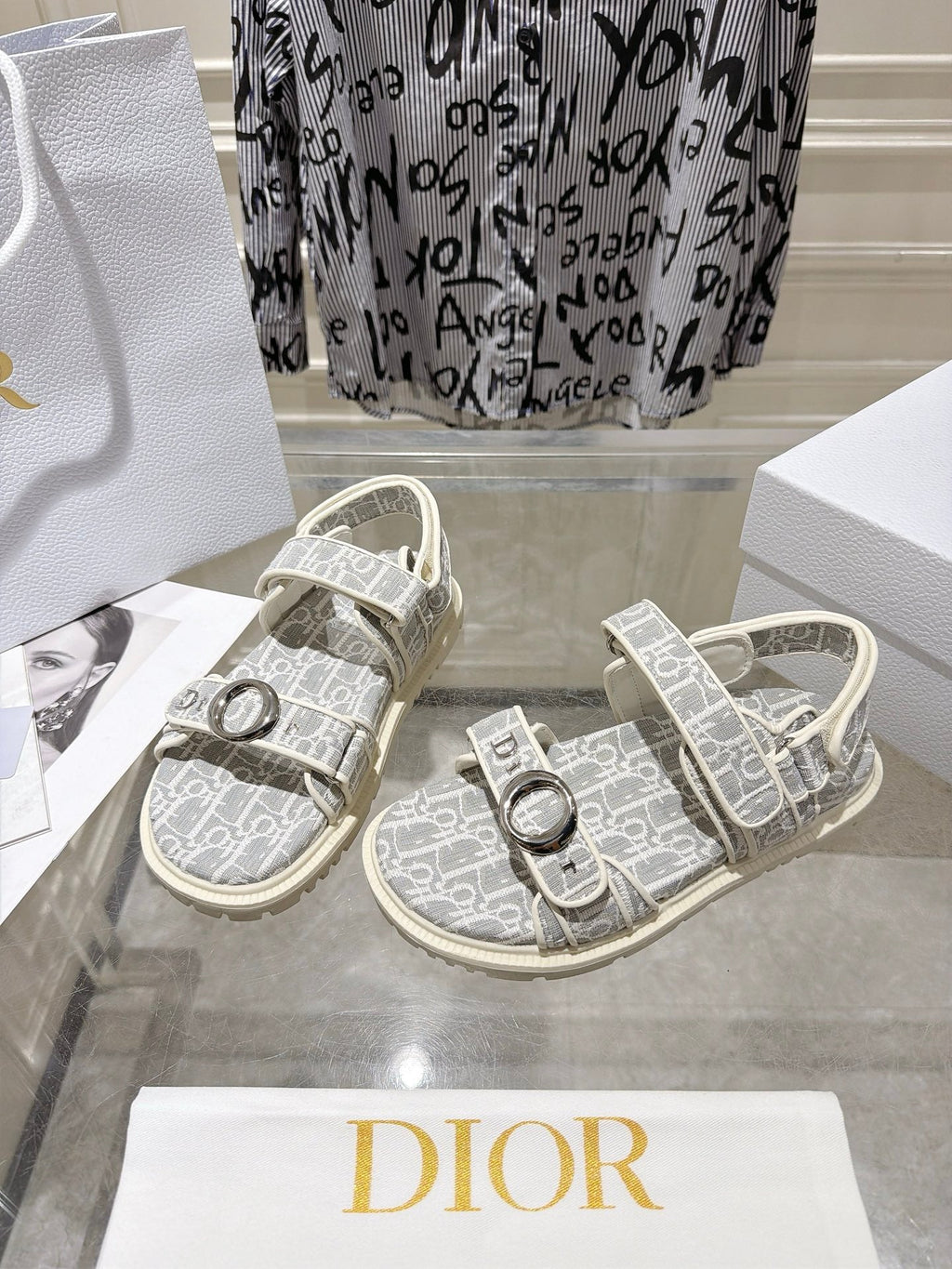 DIOR 26S VELCRO SANDALS IN LIGHT GREY MIX WHITE OBLIQUE CANVAS