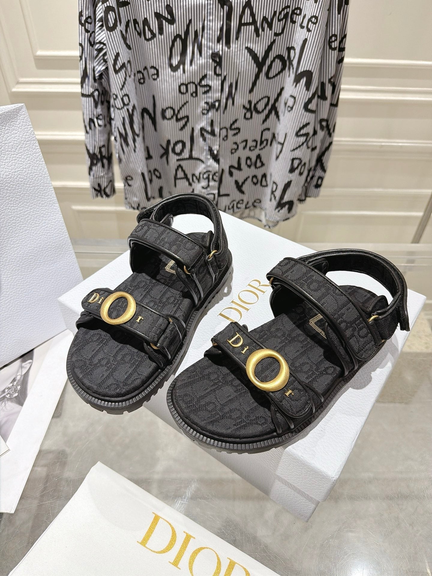 DIOR 26S VELCRO SANDALS IN BLACK OBLIQUE CANVAS