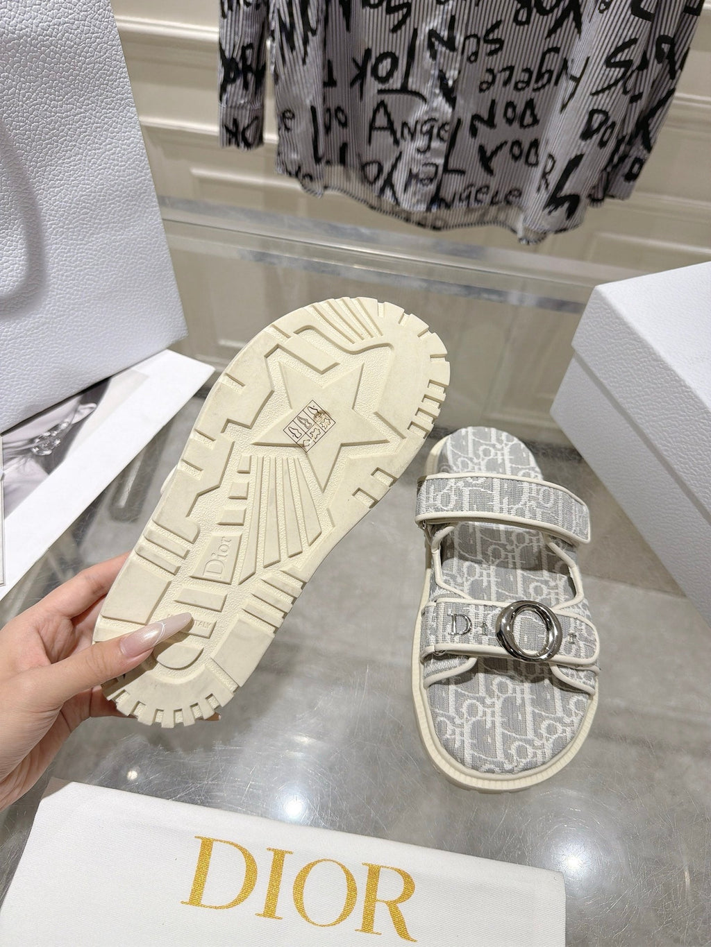 DIOR 26S SANDALS IN LIGHT GREY MIX WHITE OBLIQUE CANVAS