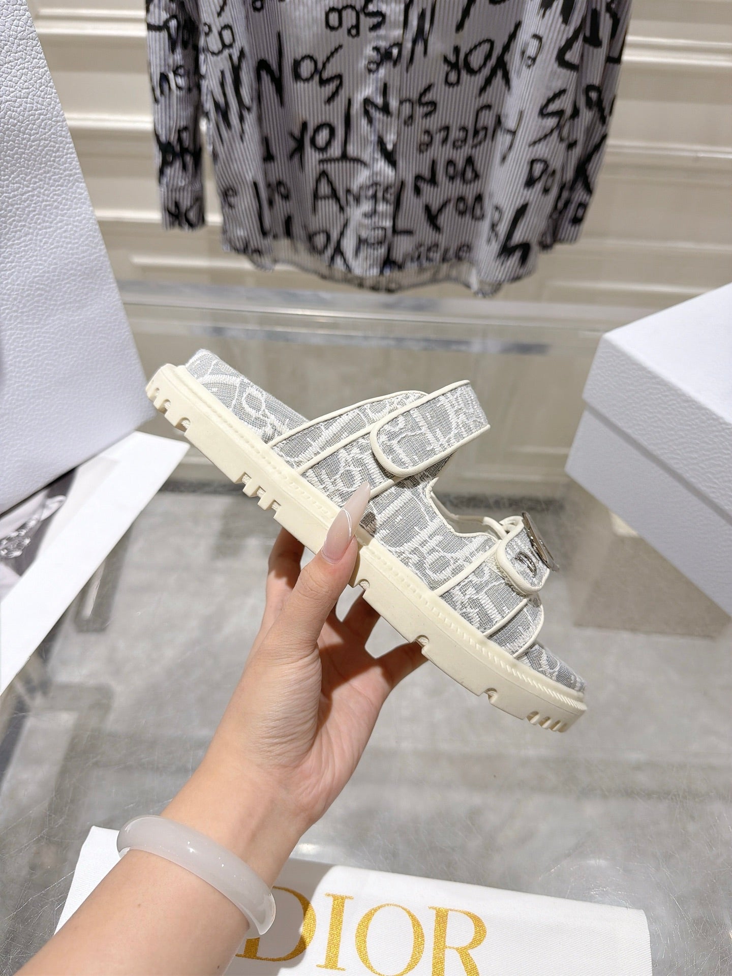 DIOR 26S SANDALS IN LIGHT GREY MIX WHITE OBLIQUE CANVAS