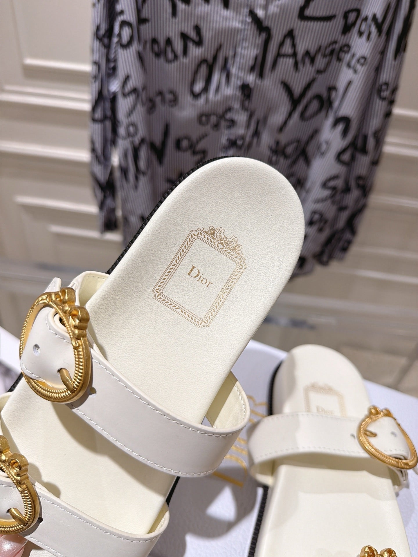 DIOR 26S MEDAILLON BUCKLE SLIDE IN OFF WHITE CALFSKIN