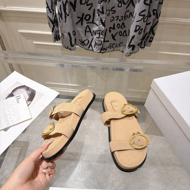 DIOR 26S MEDAILLON BUCKLE SLIDE IN SAND BEIGE SUEDE
