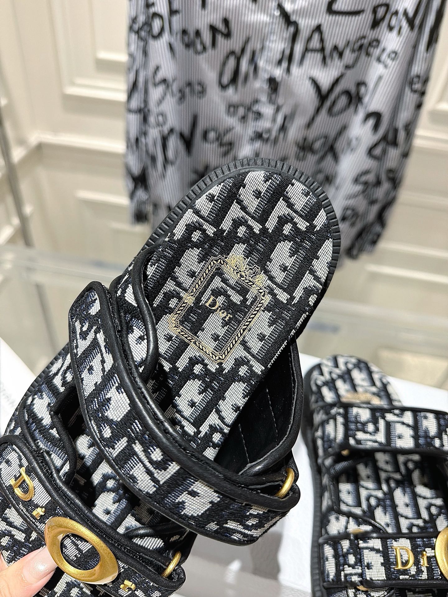 DIOR 26S SANDALS IN BLACK MIX WHITE OBLIQUE CANVAS