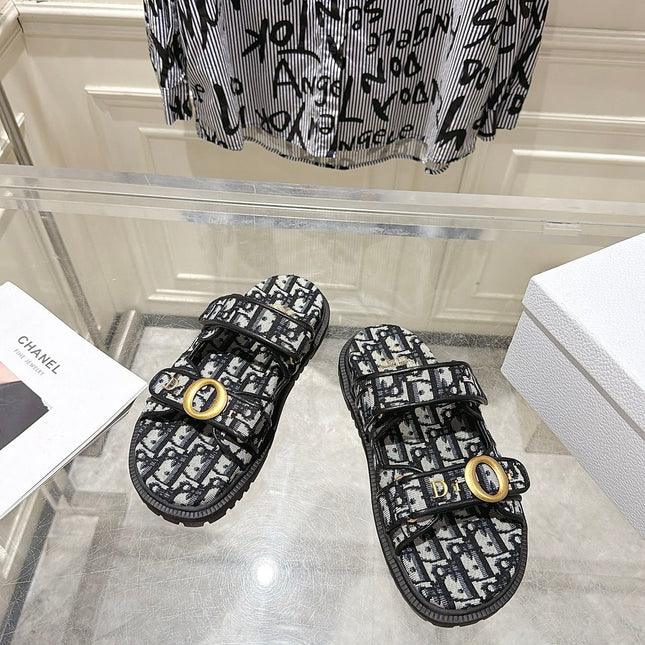 DIOR 26S SANDALS IN BLACK MIX WHITE OBLIQUE CANVAS