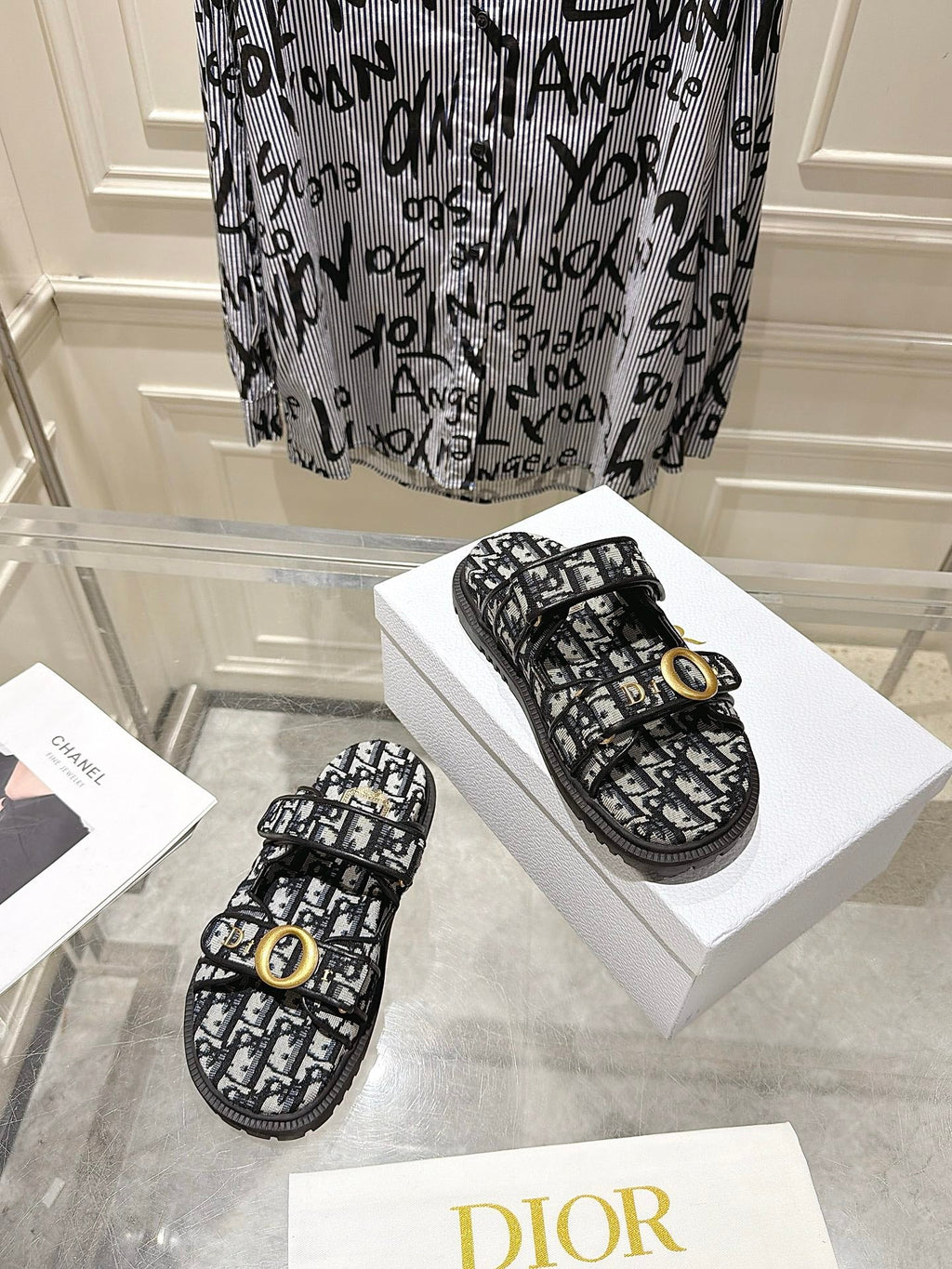 DIOR 26S SANDALS IN BLACK MIX WHITE OBLIQUE CANVAS