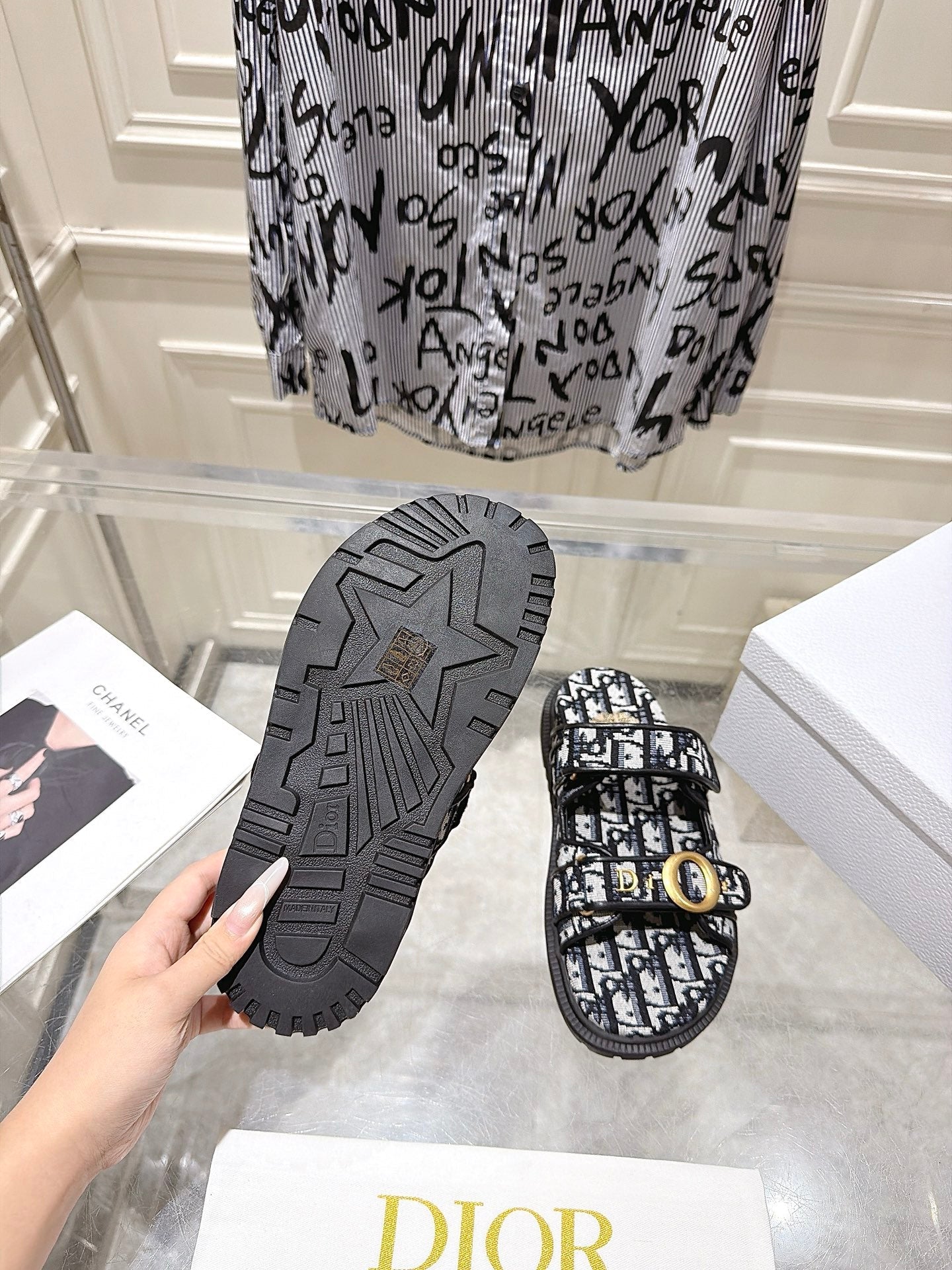 DIOR 26S SANDALS IN BLACK MIX WHITE OBLIQUE CANVAS