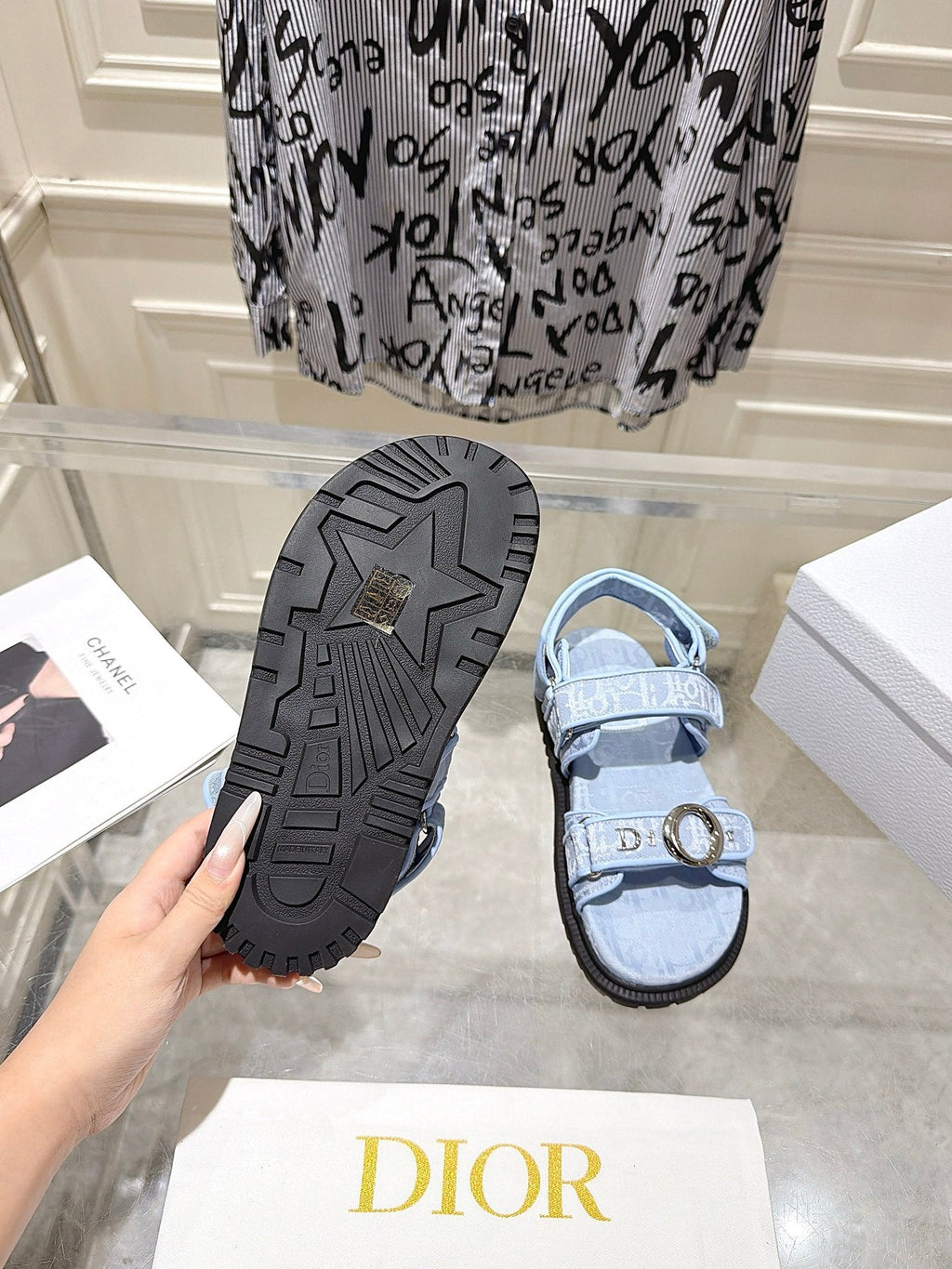 DIOR 26S VELCRO SANDALS IN LIGHT BLUE OBLIQUE CANVAS