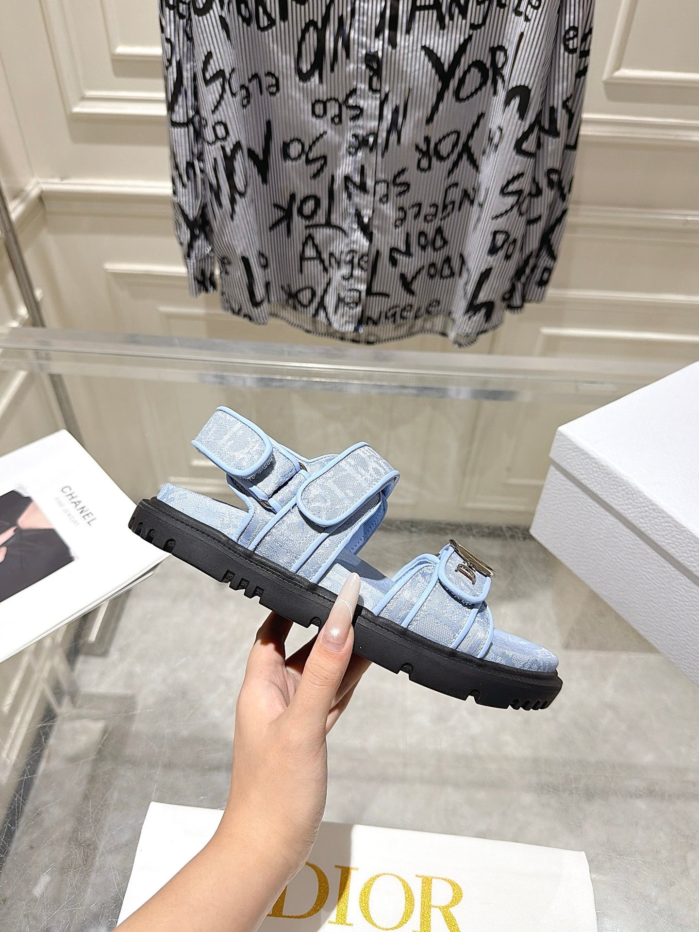DIOR 26S VELCRO SANDALS IN LIGHT BLUE OBLIQUE CANVAS
