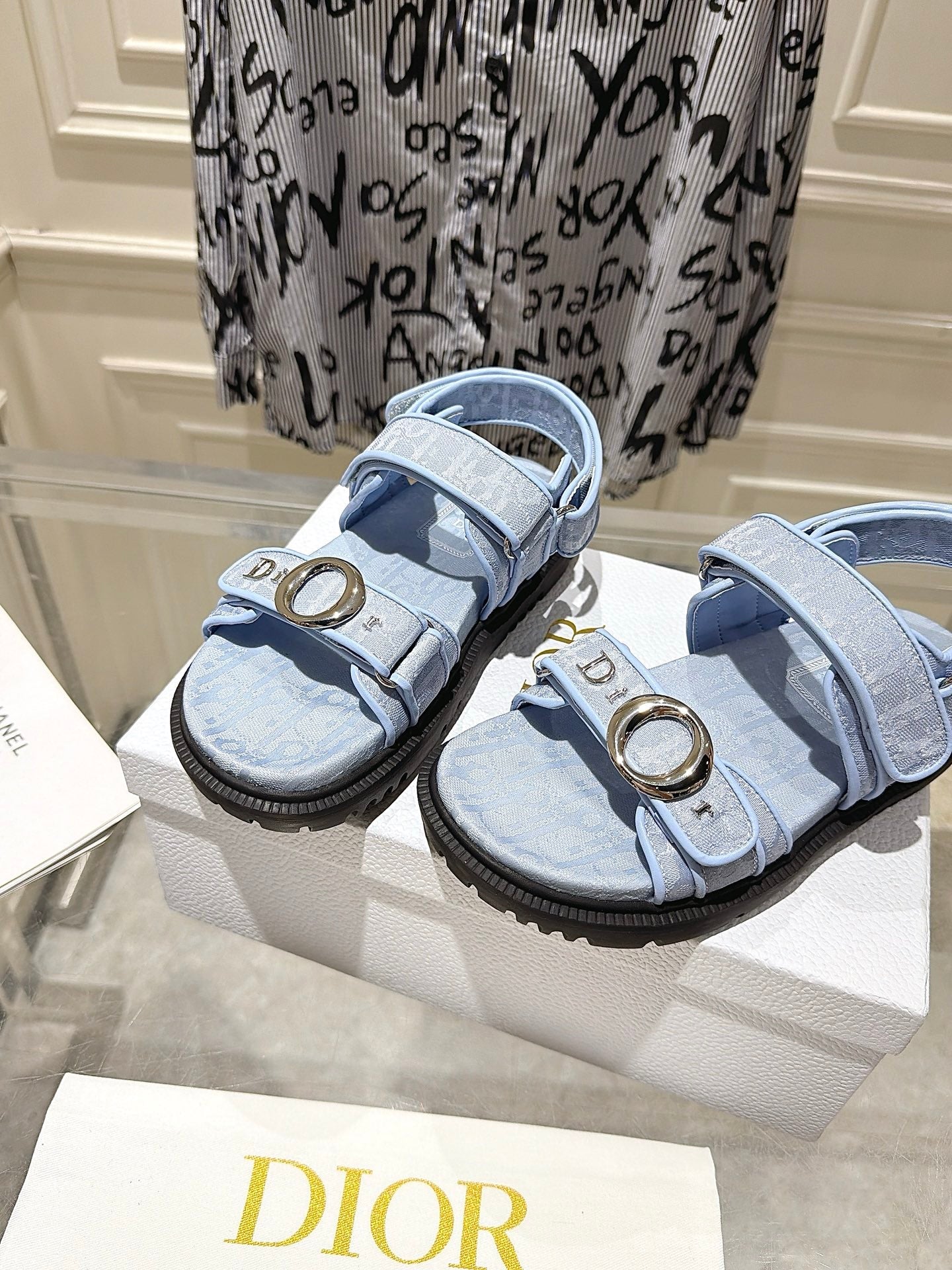 DIOR 26S VELCRO SANDALS IN LIGHT BLUE OBLIQUE CANVAS