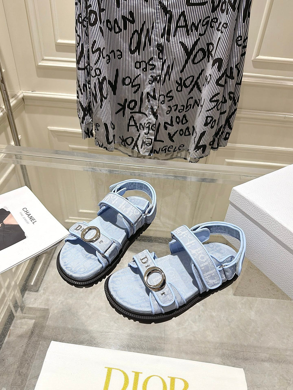DIOR 26S VELCRO SANDALS IN LIGHT BLUE OBLIQUE CANVAS