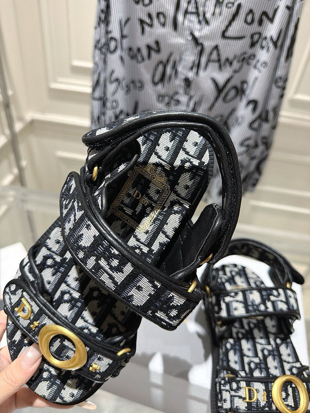 DIOR 26S VELCRO SANDALS IN BLACK MIX WHITE OBLIQUE CANVAS