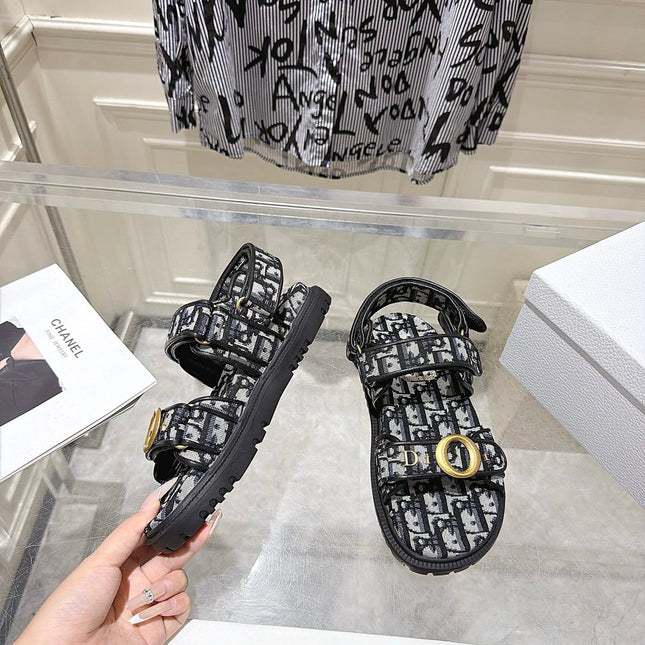 DIOR 26S VELCRO SANDALS IN BLACK MIX WHITE OBLIQUE CANVAS