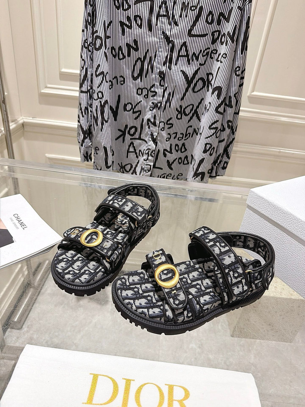 DIOR 26S VELCRO SANDALS IN BLACK MIX WHITE OBLIQUE CANVAS