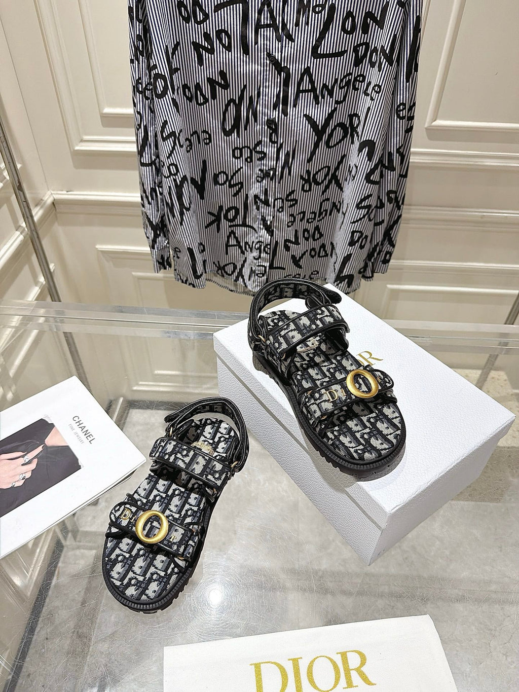 DIOR 26S VELCRO SANDALS IN BLACK MIX WHITE OBLIQUE CANVAS