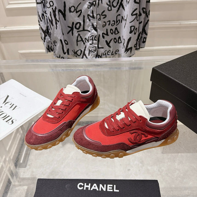 CHANEL 26S LACE UP SNEAKERS IN RED SUEDE ROUND TOE