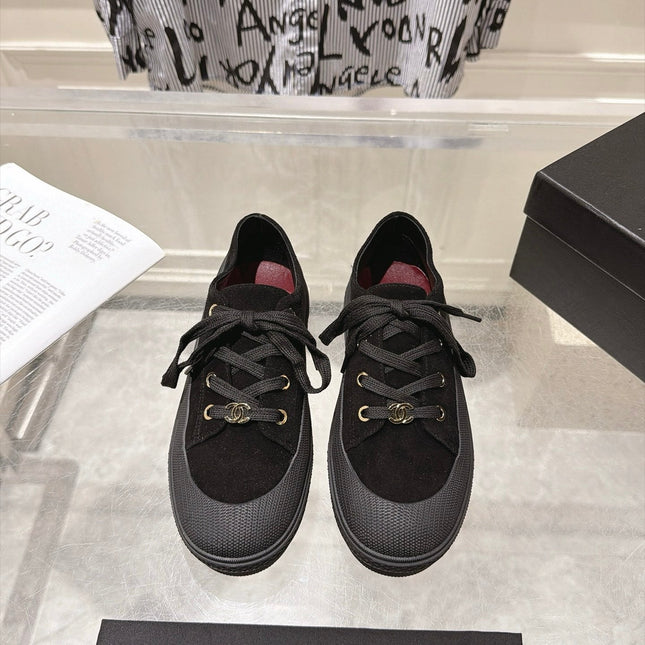 CHANEL 26S LACE UP SNEAKERS IN BLACK SUEDE ROUND TOE