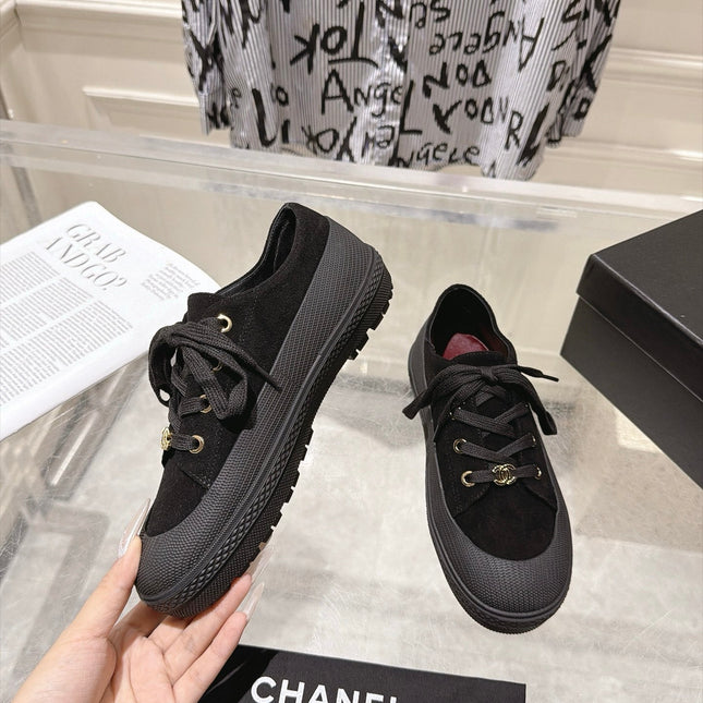 CHANEL 26S LACE UP SNEAKERS IN BLACK SUEDE ROUND TOE