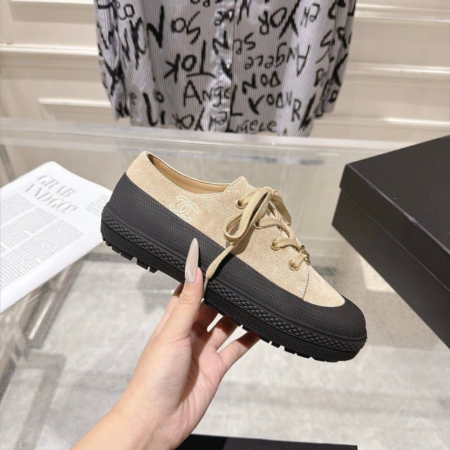 CHANEL 26S LACE UP SNEAKERS IN BEIGE SUEDE ROUND TOE