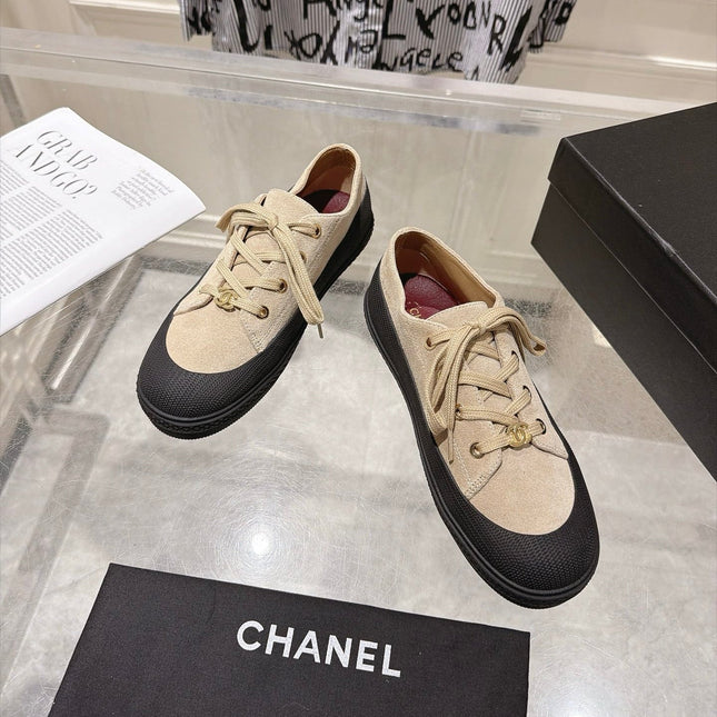 CHANEL 26S LACE UP SNEAKERS IN BEIGE SUEDE ROUND TOE