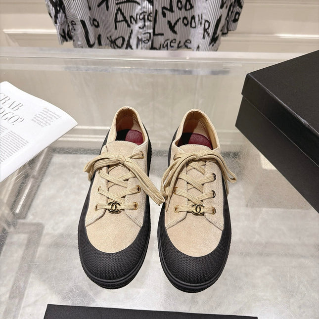 CHANEL 26S LACE UP SNEAKERS IN BEIGE SUEDE ROUND TOE