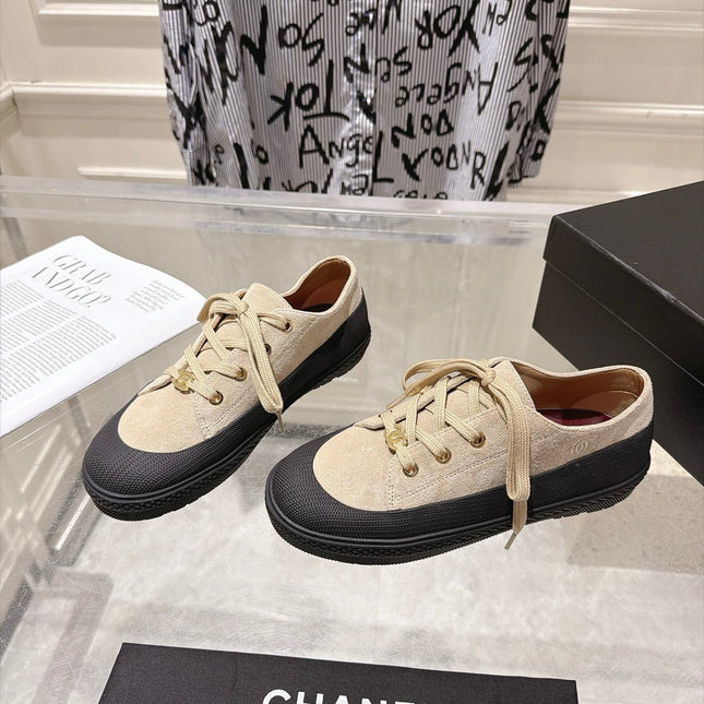 CHANEL 26S LACE UP SNEAKERS IN BEIGE SUEDE ROUND TOE