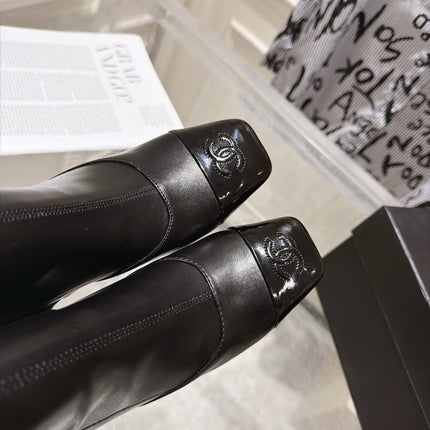 CHANEL 26S HIGH HEEL KNEE HIGH BOOTS 80 MM IN BLACK CALFSKIN AND PATENT LEATHER