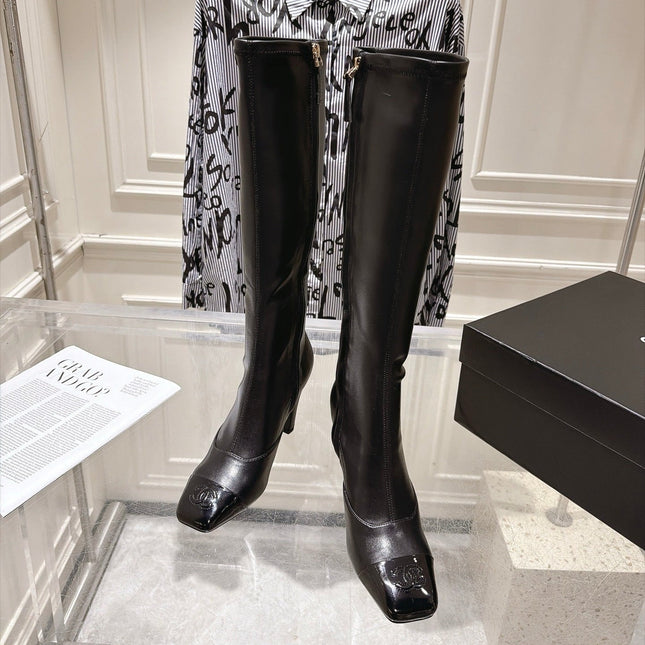CHANEL 26S HIGH HEEL KNEE HIGH BOOTS 80 MM IN BLACK CALFSKIN AND PATENT LEATHER