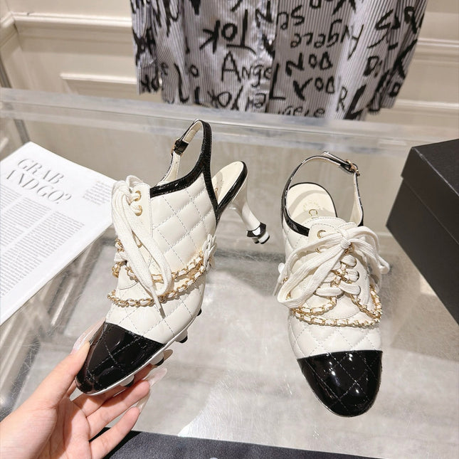 CHANEL 26S SLINGBACK HIGH HEEL SHOES 70 MM IN CREAM WHITE LAMBSKIN AND BLACK PATENT CALFSKIN