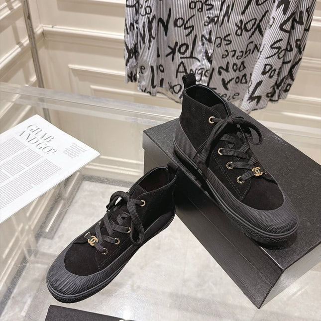 CHANEL 26S LACE UP HIGH TOP SNEAKERS IN BLACK SUEDE