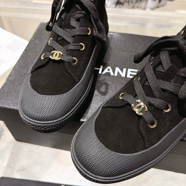 CHANEL 26S LACE UP HIGH TOP SNEAKERS IN BLACK SUEDE