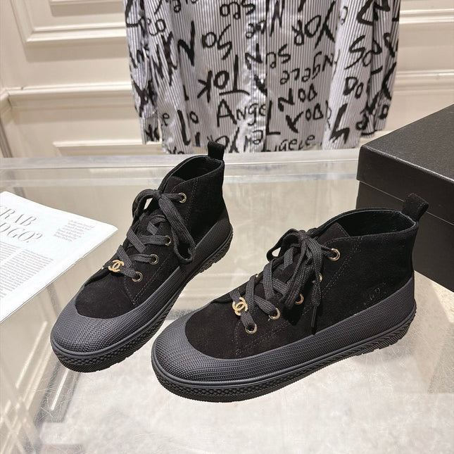 CHANEL 26S LACE UP HIGH TOP SNEAKERS IN BLACK SUEDE