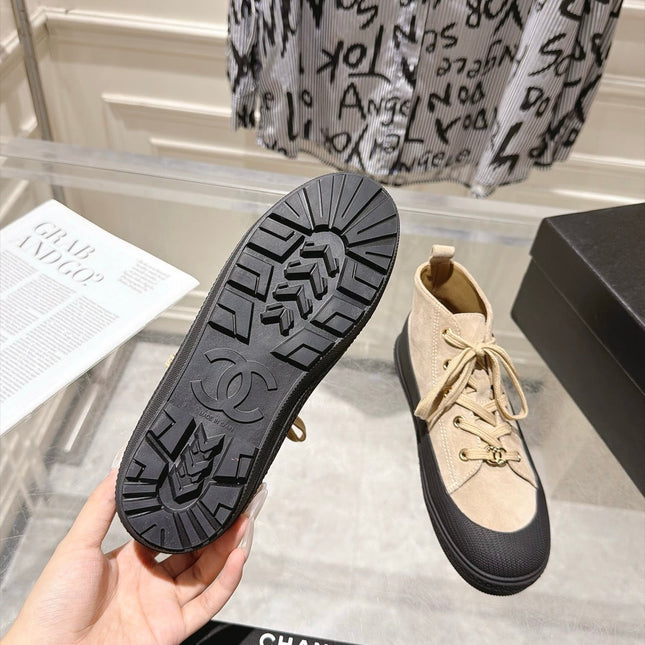 CHANEL 26S LACE UP HIGH TOP SNEAKERS IN BEIGE SUEDE