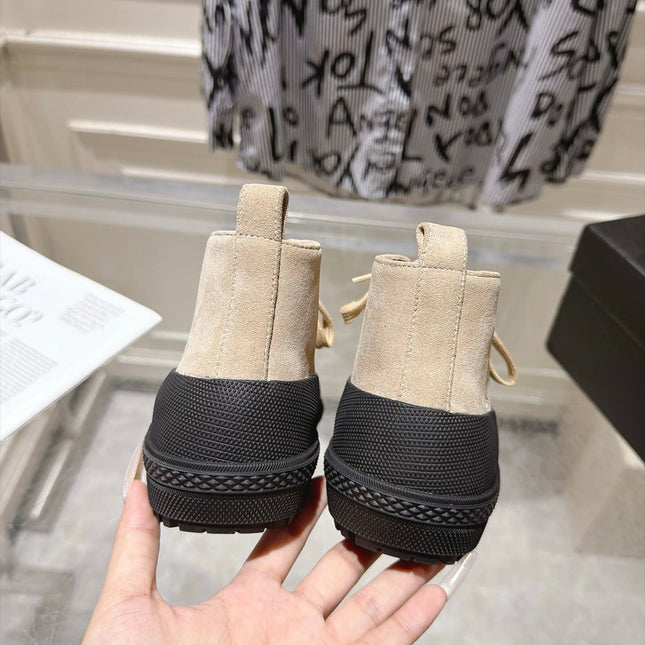 CHANEL 26S LACE UP HIGH TOP SNEAKERS IN BEIGE SUEDE