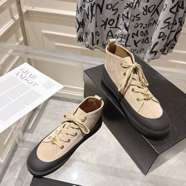 CHANEL 26S LACE UP HIGH TOP SNEAKERS IN BEIGE SUEDE