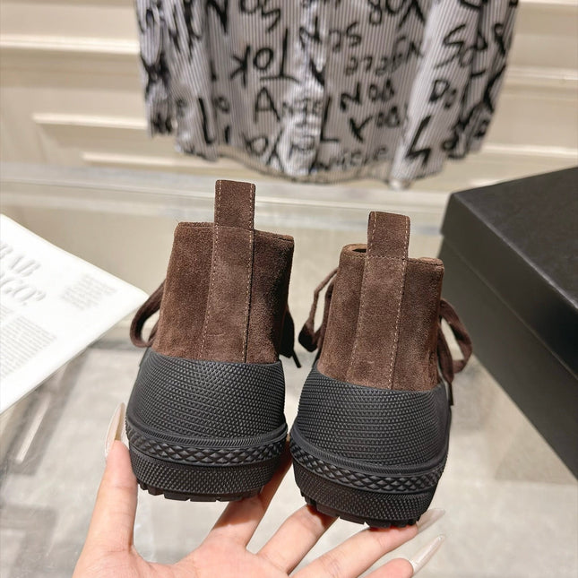 CHANEL 26S LACE UP HIGH TOP SNEAKERS IN BROWN SUEDE